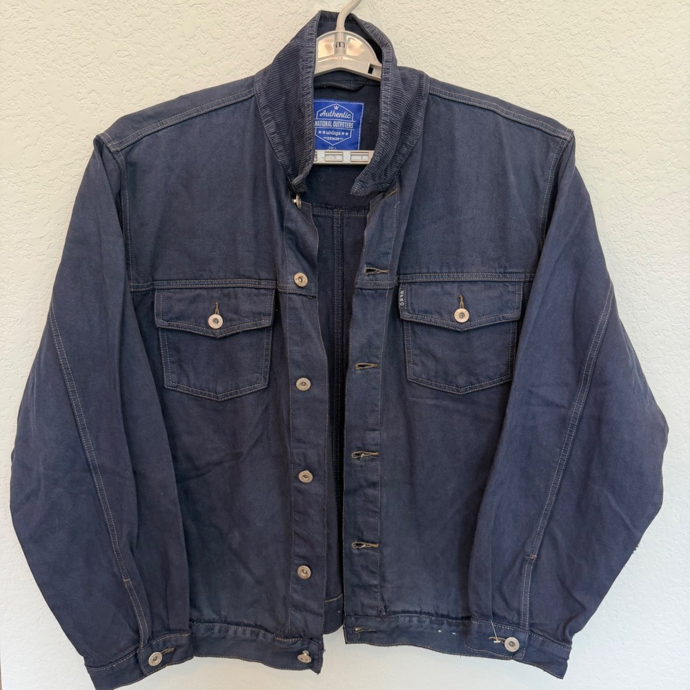 Authentic National Outfitters Denim Trucker Jacket Barn Chore Navy Blue L Casual